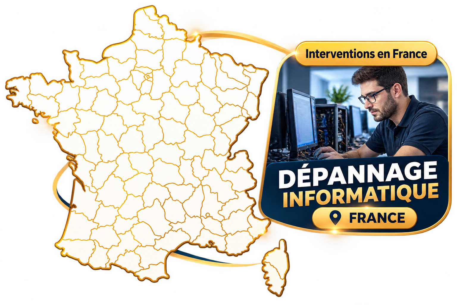 Carte des interventions de dépannage informatique en France métropolitaine et en Corse